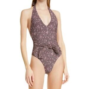 Women’s Veronica Beard Vickerie One-piece Floral Pink Black Halter Swimsuit Sz M